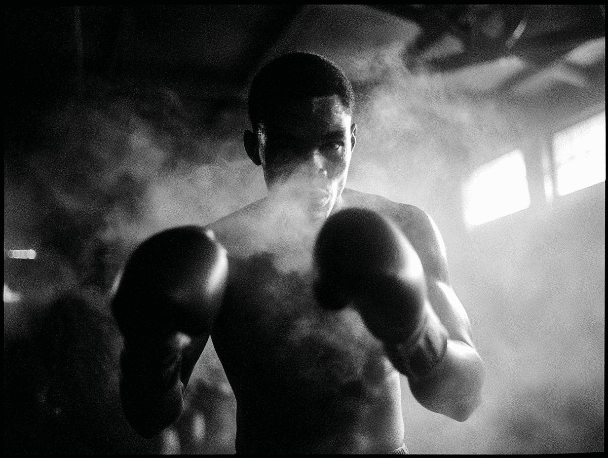 Black-and-white photograph of a boxer mid-stance in a smoky training gym, gloves raised, side light through dust