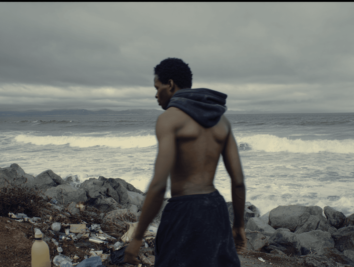 Shirtless man on a grey rocky beach looking out to a cold, overcast ocean