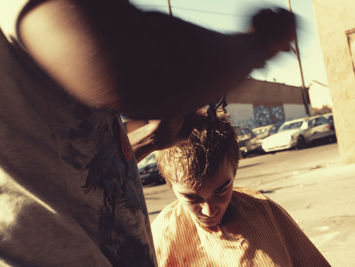 Outdoor barber chair on a sunlit Los Angeles street, a hand mid-motion above a young client's head