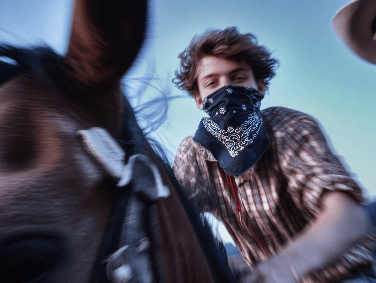 Cowboy in plaid shirt and bandana on horseback, motion blur on the horse's mane, daylight
