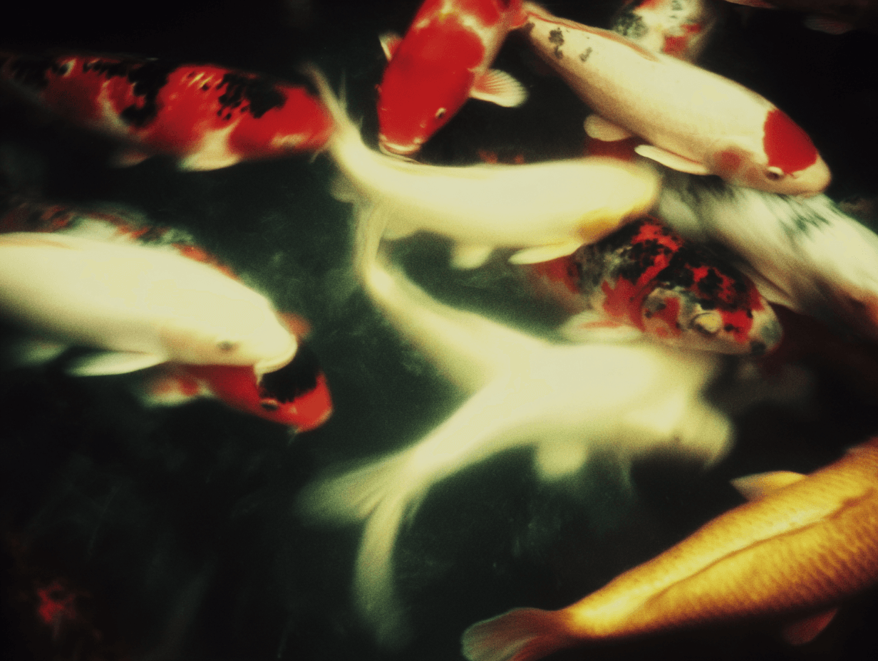 Koi fish circling slowly in a dark ornamental pond, white and orange bodies smeared by water motion
