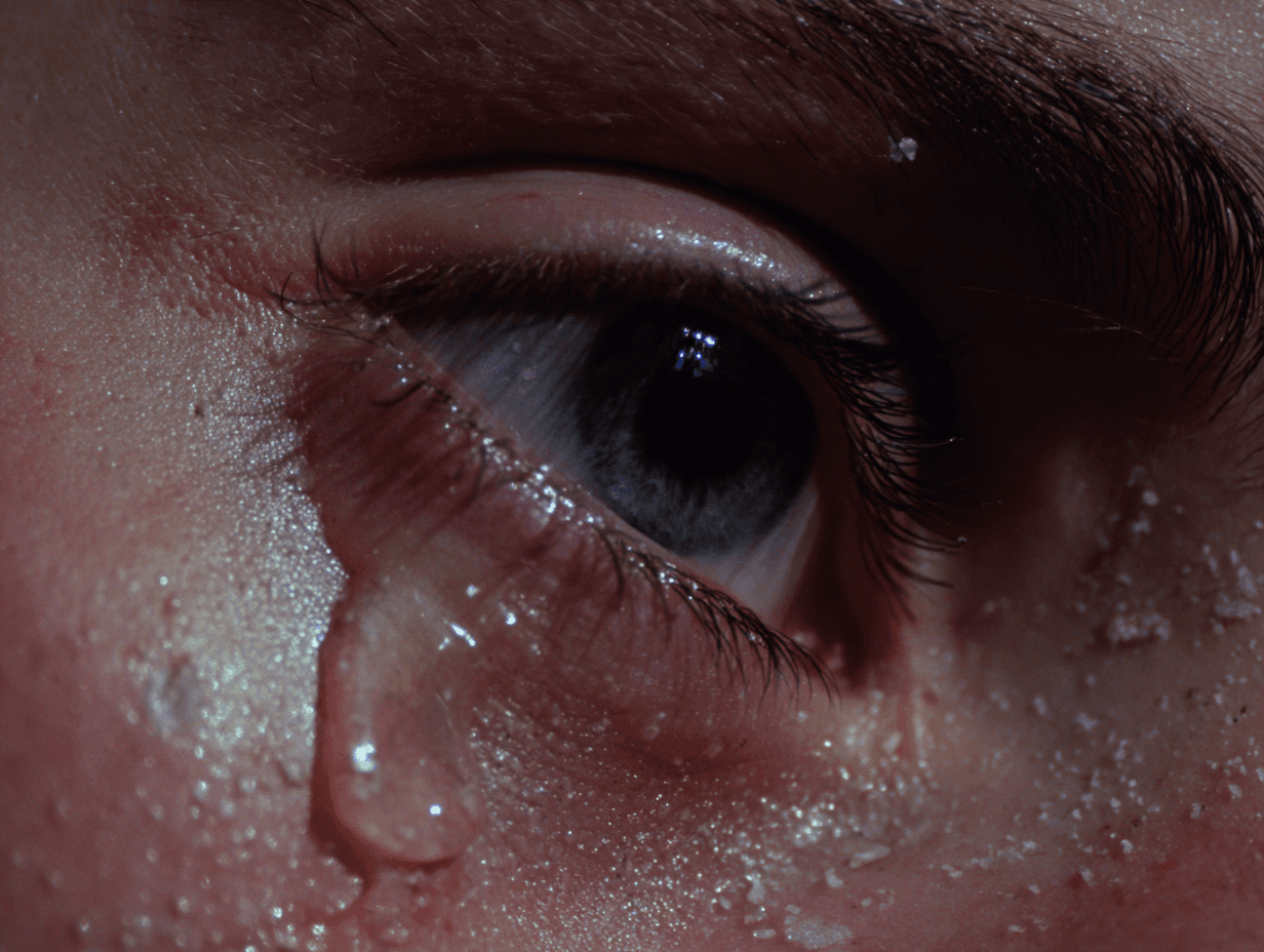 Macro of a wet eye, tear film catching dust and small particles, lash sharp at the edge