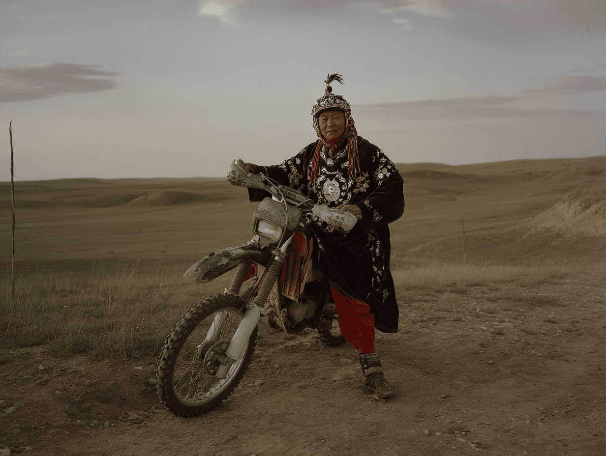 Mongolian rider in ceremonial coat and antlered headdress sitting on a dirt bike against open steppe